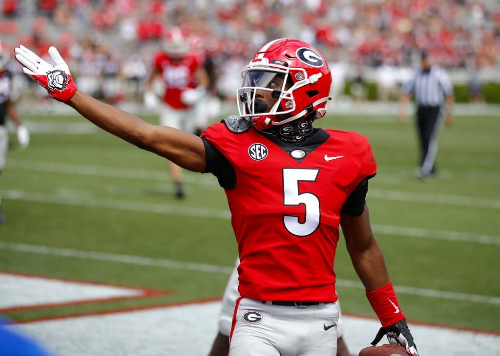 Wide receiver Adonai Mitchell of the Georgia Bulldogs reacts after a touchdown during the first half of the G-Day spring game