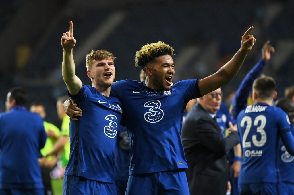 Chelsea's forward Timo Werner and Chelsea's defender Reece James celebrate after winning the UEFA Champions League final