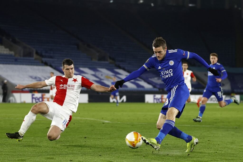 Leicester City's English striker Jamie Vardy has this shot blocked during the UEFA Europa League