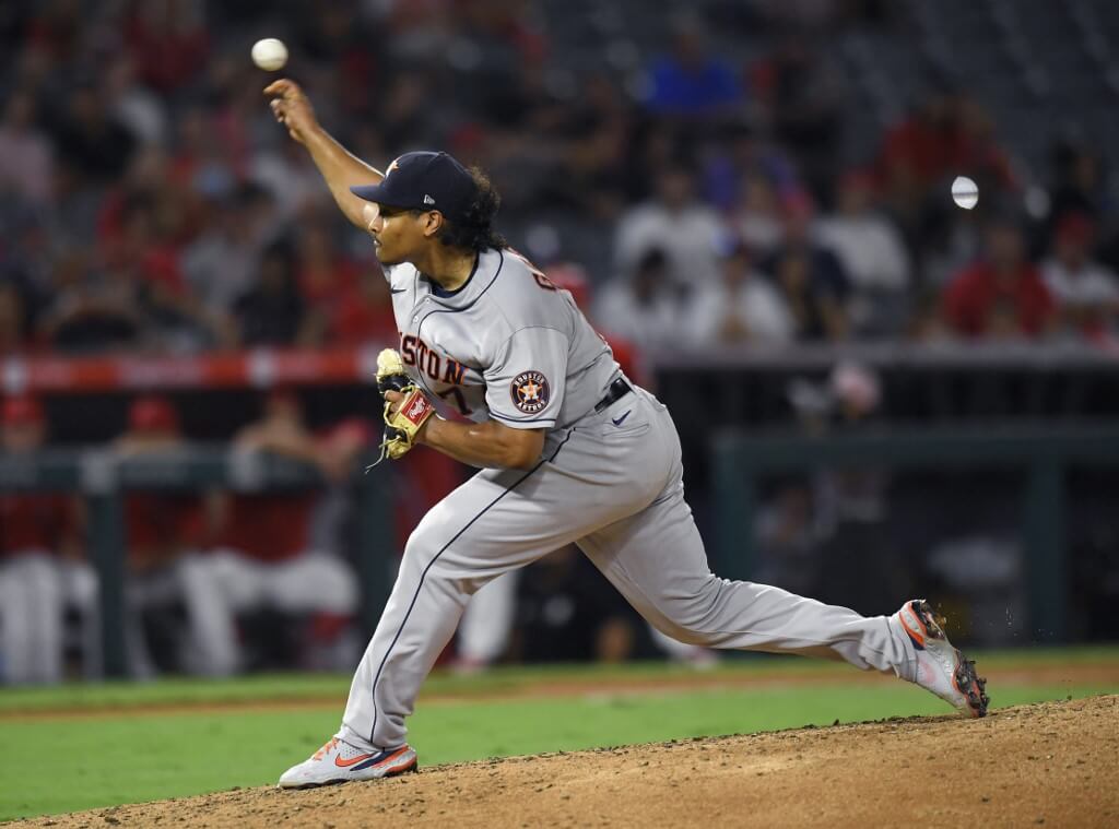 Luis Garcia of the Houston Astros pitches against the Los Angeles Angels