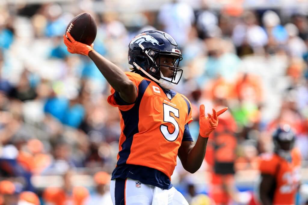Teddy Bridgewater of the Denver Broncos attempts a pass during the game against the Jacksonville Jaguars