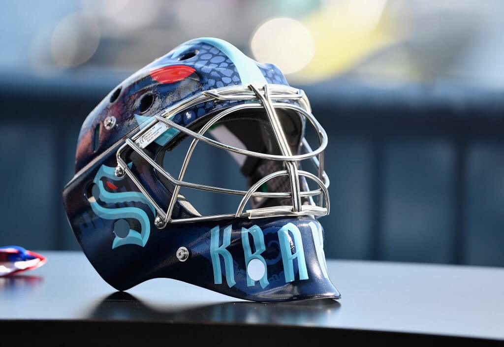A Seattle Kraken goalie's helmet adorns the venue during the 2021 NHL Expansion Draft