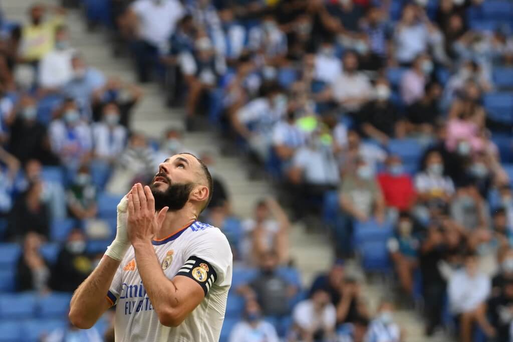 Karim Benzema reacts during the Spanish League football match
