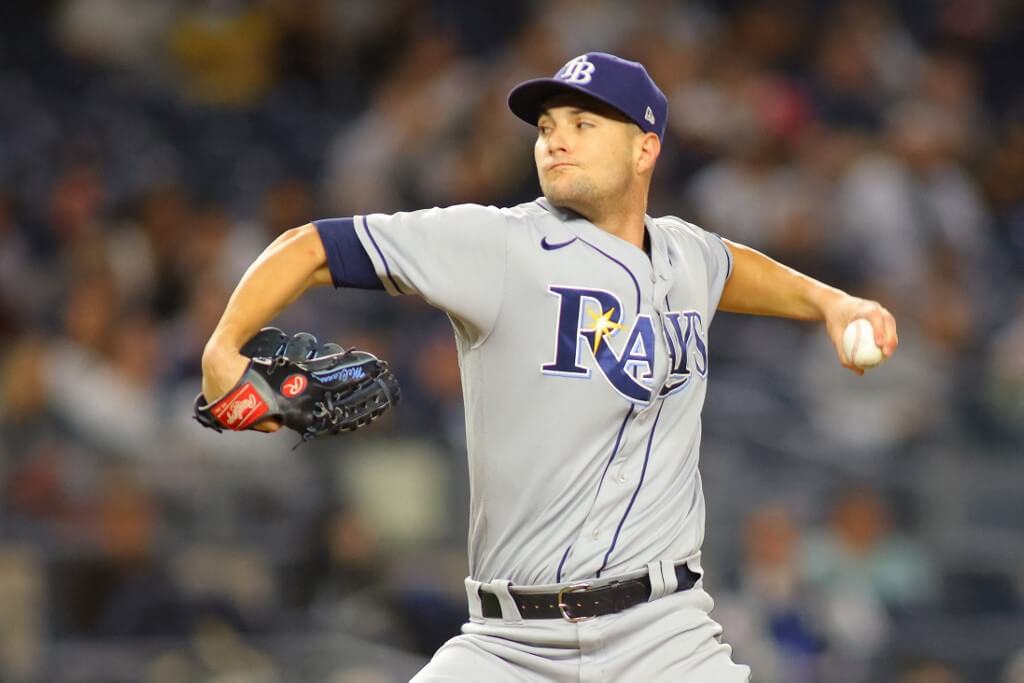 Shane McClanahan of the Tampa Bay Rays pitches in the first inning against the New York Yankees