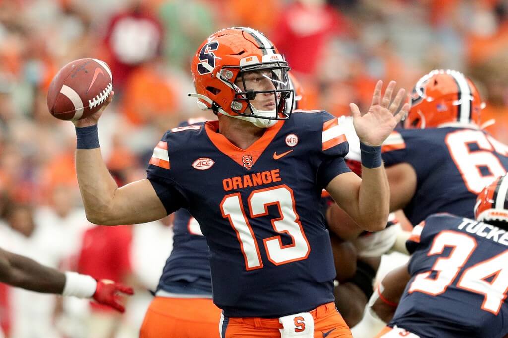Tommy DeVito of the Syracuse Orange passes during the first quarter against the Rutgers Scarlet Knights