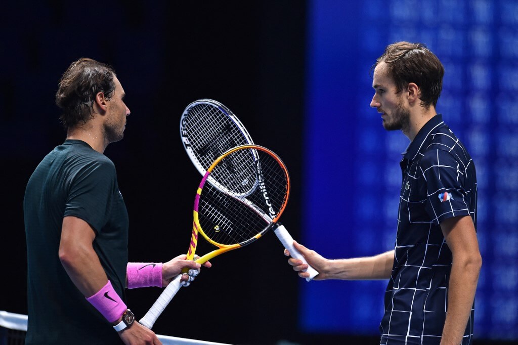 Daniil Medvedev gestures to Rafael Nadal Nadal vs Medvedev