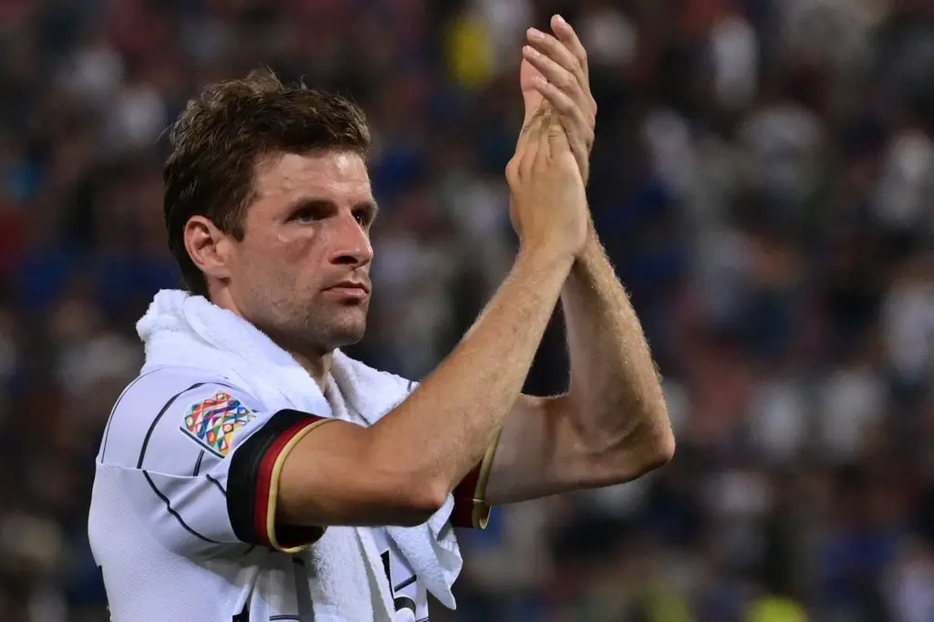 Germany's forward Thomas Mueller acknowledges the public at the end of the UEFA Nations League - League A, Group 3 first leg football match between Italy and Germany
