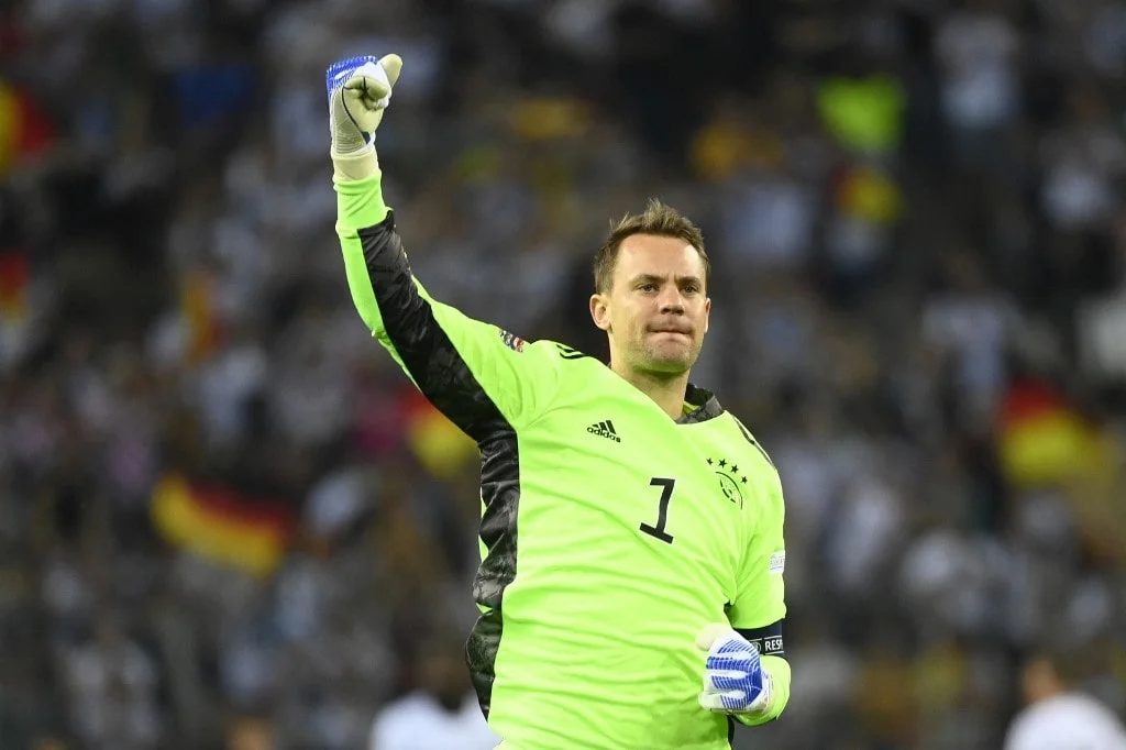 Germany's goalkeeper Manuel Neuer celebrates his team scoring the 3-0 goal during the UEFA Nations League football