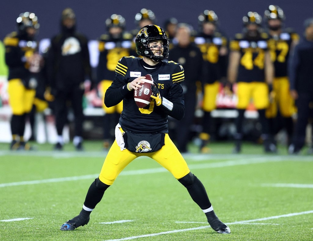 Dane Evans #9 of the Hamilton Tiger-Cats throws the ball during the 108th Grey Cup CFL Championship Game against the Winnipeg Blue Bombers at Tim Hortons Field on December 12