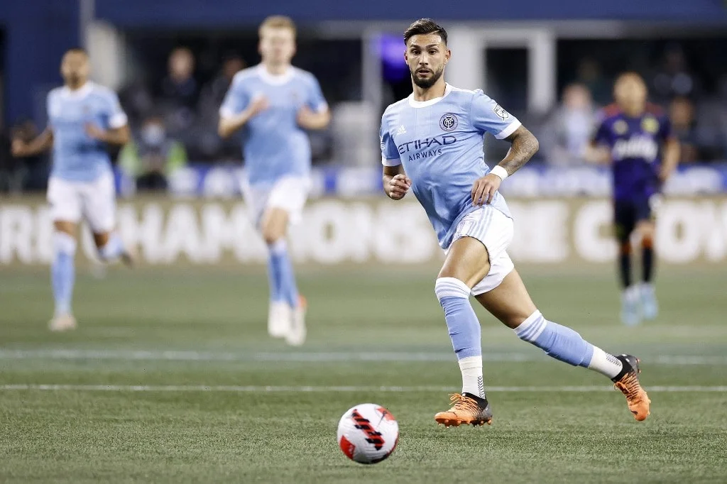 Valentín Castellanos #11 of New York City in action against the Seattle Sounders in the second half during the CONCACAF Champions League Semifinals