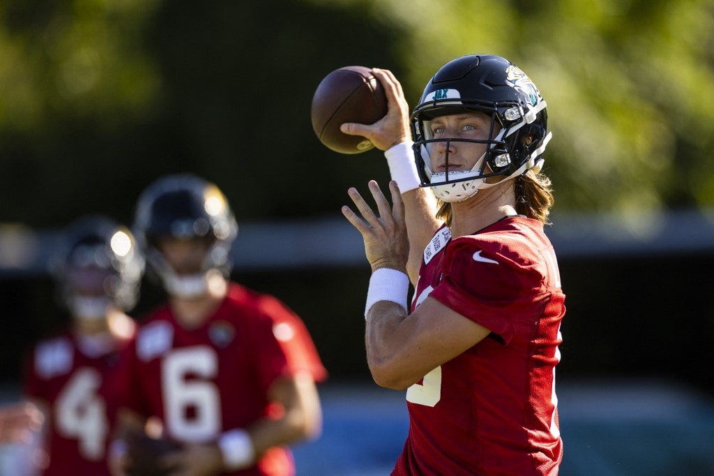 Trevor Lawrence #16 of the Jacksonville Jaguars throws a pass during Training camp