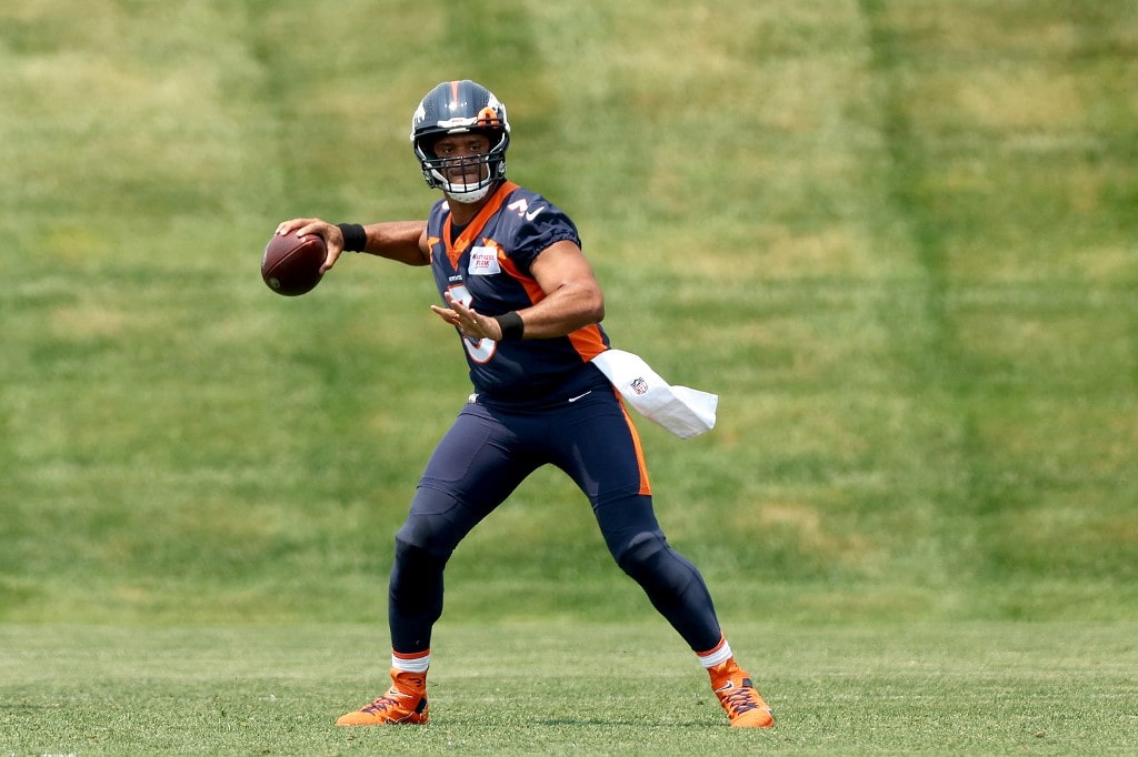 Quarterback Russell Wilson #3 of the Denver Broncos throws during a mandatory mini-camp