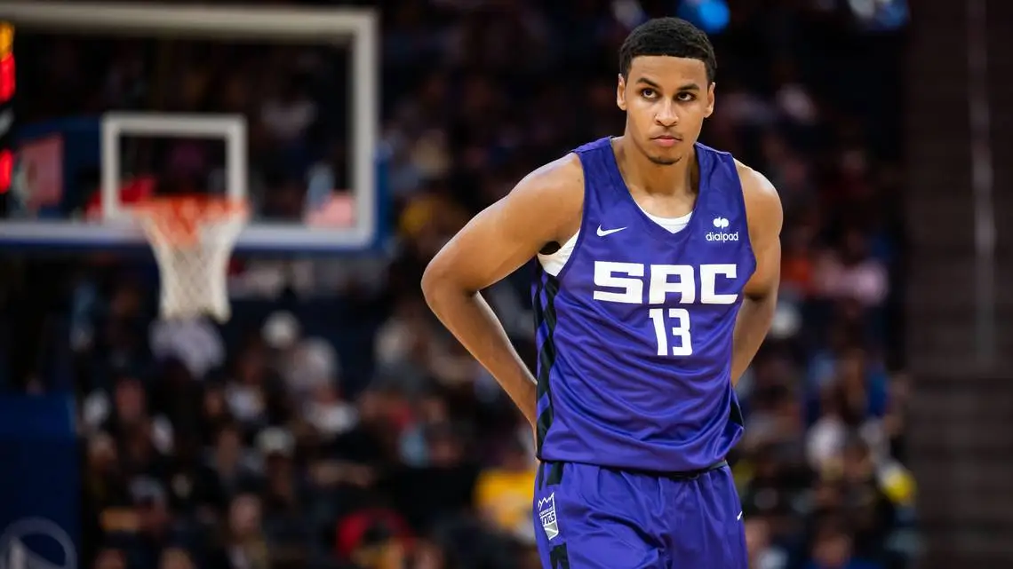 Sacramento Kings forward Keegan Murray (13) looks away from the court during a timeout while playing the Golden State Warriors during the first half of the California Classic NBA preseason basketball game Saturday, July 2, 2022, Read more at: https://www.sacbee.com/sports/nba/sacramento-kings/article263204033.html#storylink=cpy