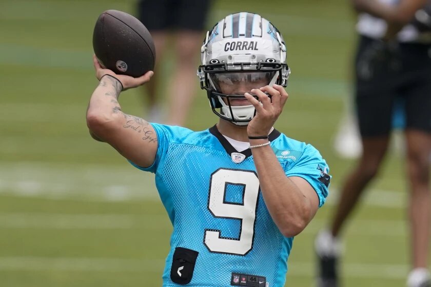 Carolina Panthers’ Matt Corral takes part in drills at the NFL football team’s rookie minicamp