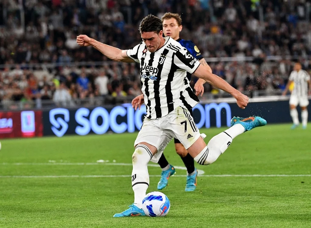 Juventus' Serbian forward Dusan Vlahovic shoots on target during the Italian Cup (Coppa Italia) final football match between Juventus and Inter on May 11