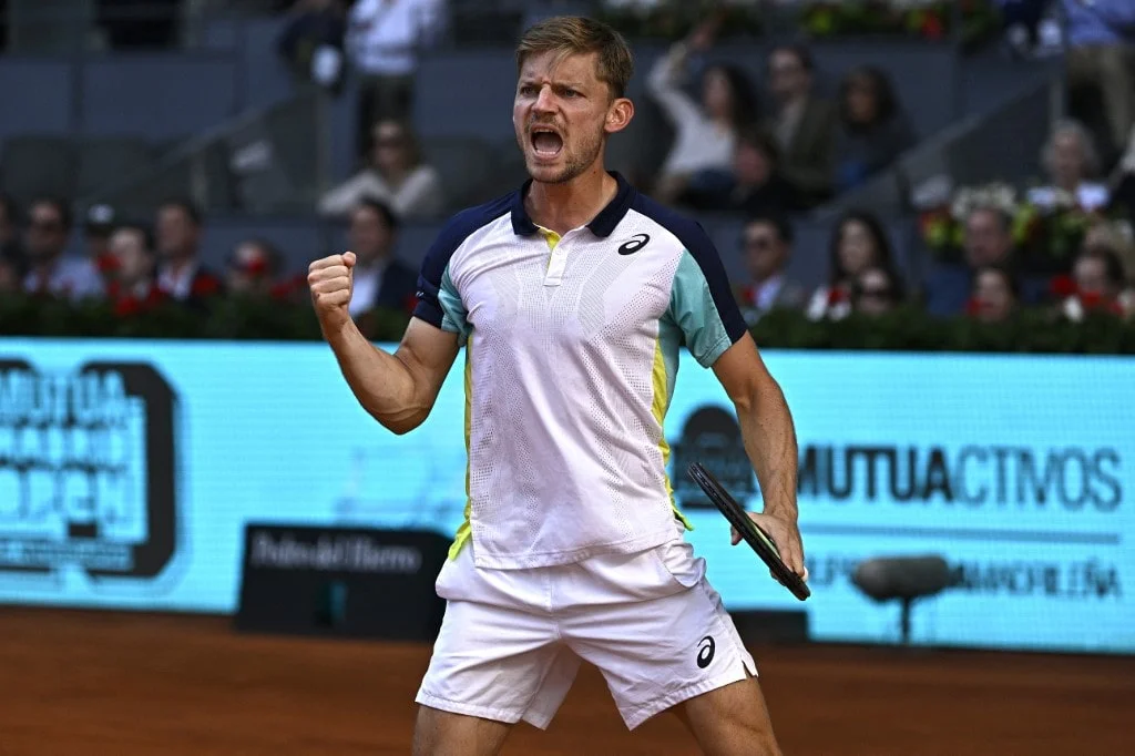 Belgium's David Goffin reacts as he competes against Spain's Rafael Nadal during their 2022 ATP Tour Madrid Open tennis tournament singles match at the Caja Magica in Madrid on May 5, 2022.