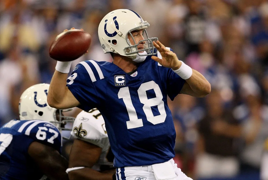 Quarterback Peyton Manning #18 of the Indianapolis Colts passes against the New Orleans Saints in the first NFL game of the season at the RCA Dome on September 6, 2007