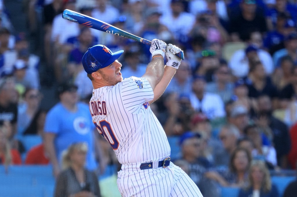 Pete Alonso #20 of the New York Mets bats during the 2022 T-Mobile Home Run Derby
