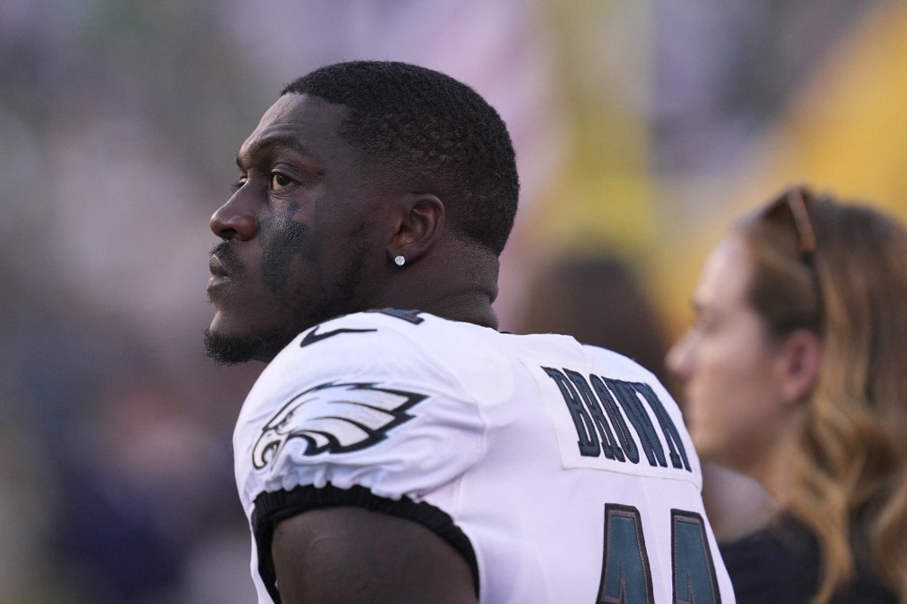  A.J. Brown #11 of the Philadelphia Eagles looks on against the New York Jets prior to the start of the preseason game