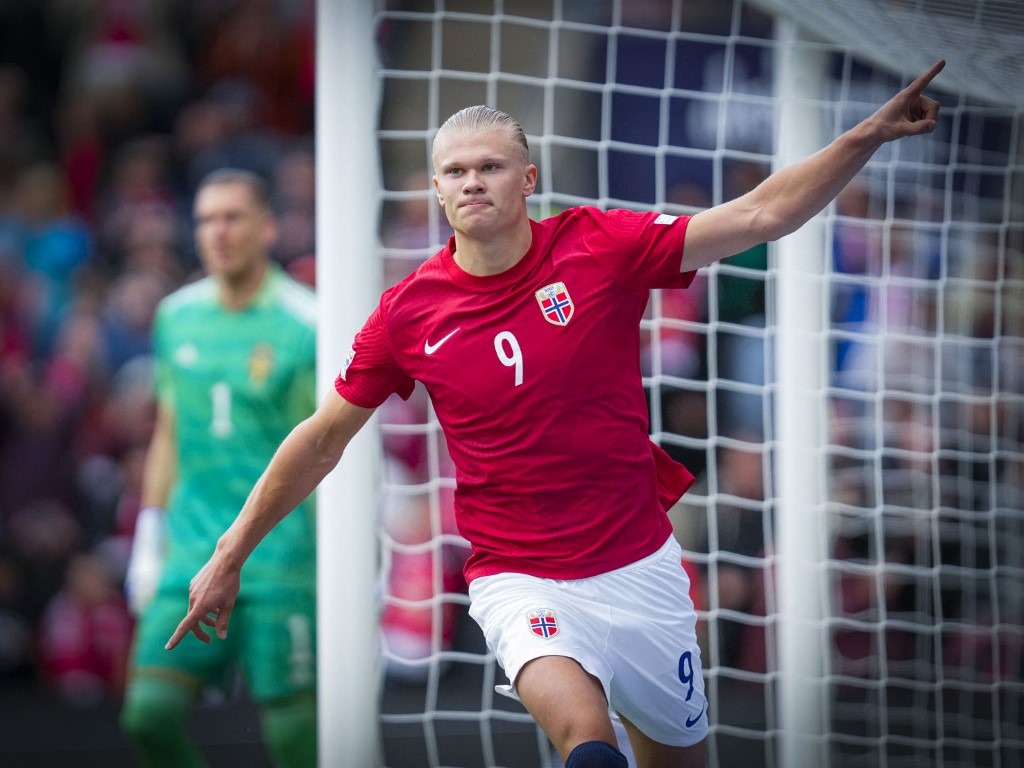 Norway's forward Erling Braut Haaland celebrates scoring the 2-0 goal from the penalty spot
