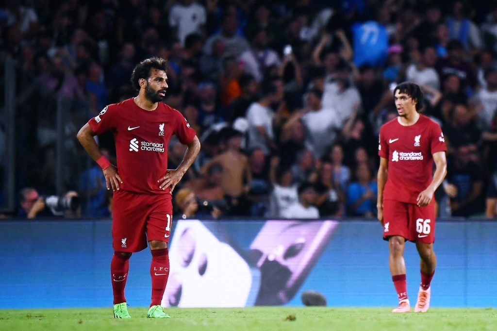 Liverpool's Egyptian forward Mohamed Salah reacts during the UEFA Champions League Group A first leg football match