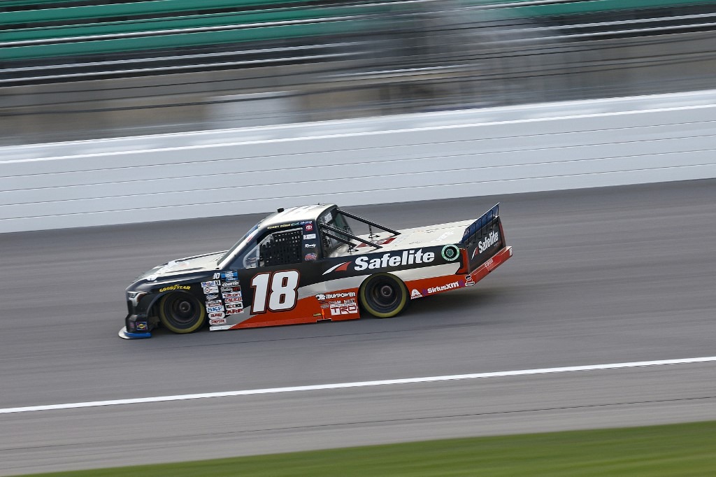 Chandler Smith, driver of the #18 Safelite AutoGlass Toyota, drives during the NASCAR Camping World Truck Series Kansas Lottery 200