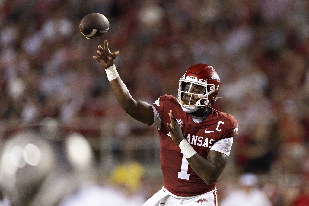 K.J. Jefferson #1 of the Arkansas Razorbacks throws a pass during the second half of game against the Missouri State Bears