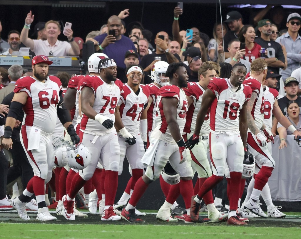 The Arizona Cardinals celebrate a 59-yard fumble recovery for a touchdown by cornerback Byron Murphy Jr. #7 of the Cardinals