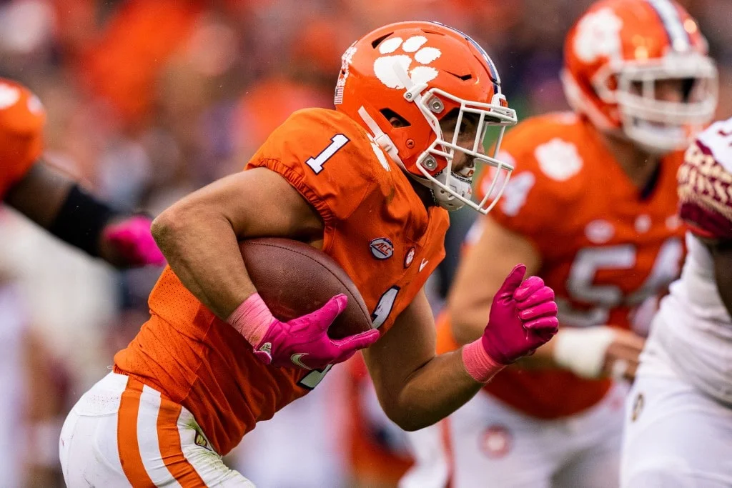 Running back Will Shipley #1 of the Clemson Tigers runs with the ball