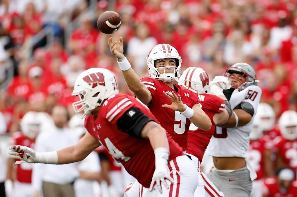 Graham Mertz #5 of the Wisconsin Badgers throws a 17 yard touchdown pass | John Fisher/getty images/afp