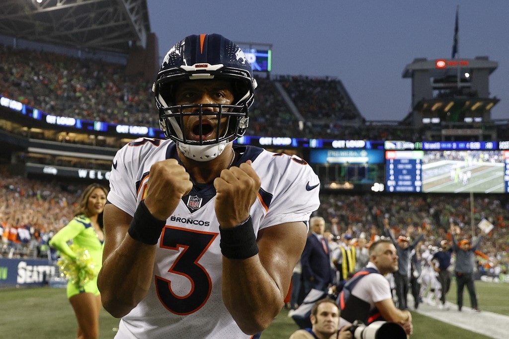 Russell Wilson #3 of the Denver Broncos reacts during the fourth quarter against the Seattle Seahawks