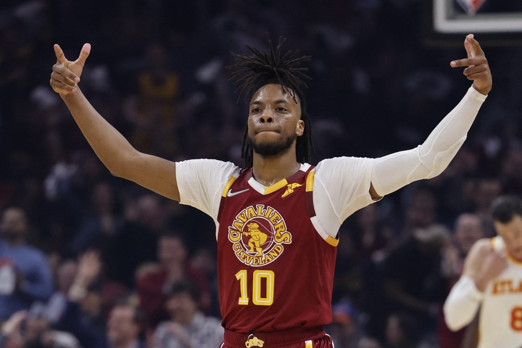 Darius Garland #10 of the Cleveland Cavaliers celebrates during the first half
