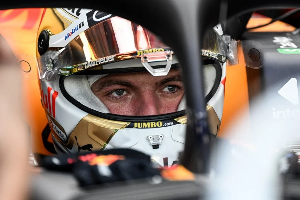 Red Bull Racing's Dutch driver Max Verstappen is pictured in his car before the first practice session