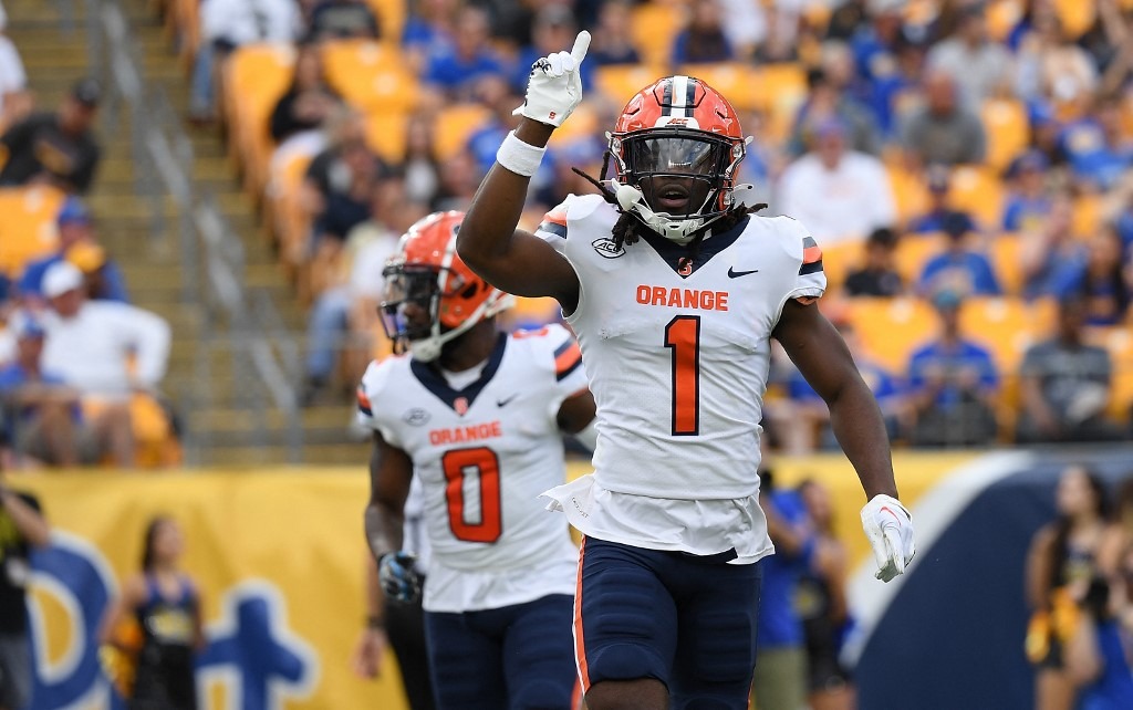 Ja'Had Carter #1 of the Syracuse Orange reacts after making an interception in the first quarter during the game against the Pittsburgh Panthers