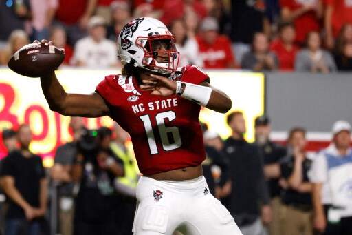 MJ Morris #16 of the North Carolina State Wolpack drops back to pass