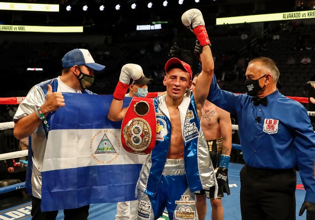 Felix Alvarado celebrates after defeating DeeJay Kriel during the IBF Light Flyweight Title Fight at American Airlines Center on January 02, 2021