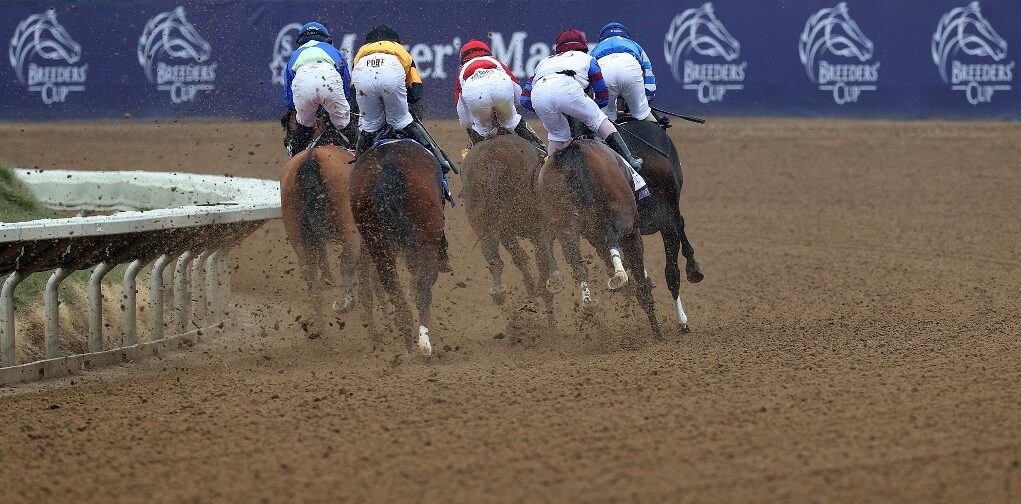 The field heads into the first turn during the Breeders' Cup Juvenile Fillies at Del Mar Race Track on November 05, 2021 in Del Mar, California.