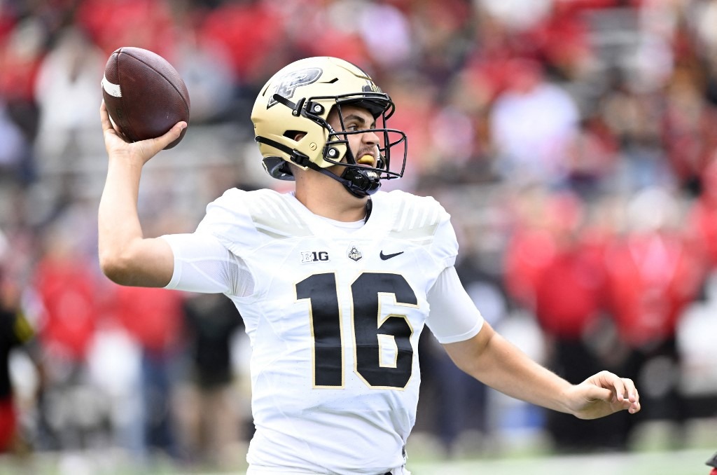 Aidan O'Connell #16 of the Purdue Boilermakers throws a pass in the first quarter against the Maryland Terrapins