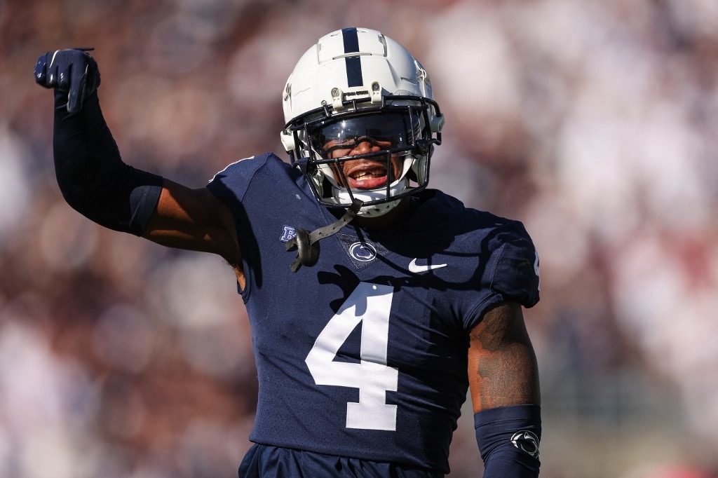 Kalen King #4 of the Penn State Nittany Lions celebrates after a play against the Ohio State Buckeyes