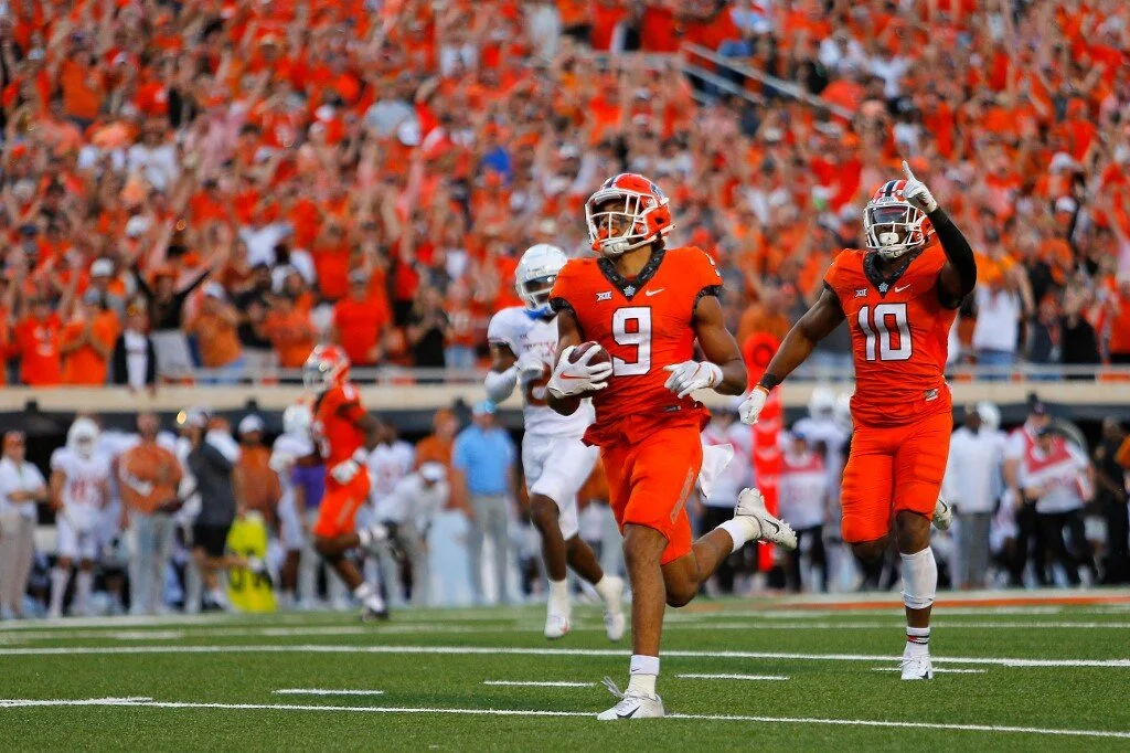 Wide receiver Bryson Green #9 of the Oklahoma State Cowboys