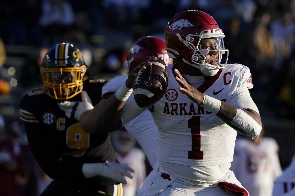 Quarterback KJ Jefferson #1 of the Arkansas Razorbacks passes