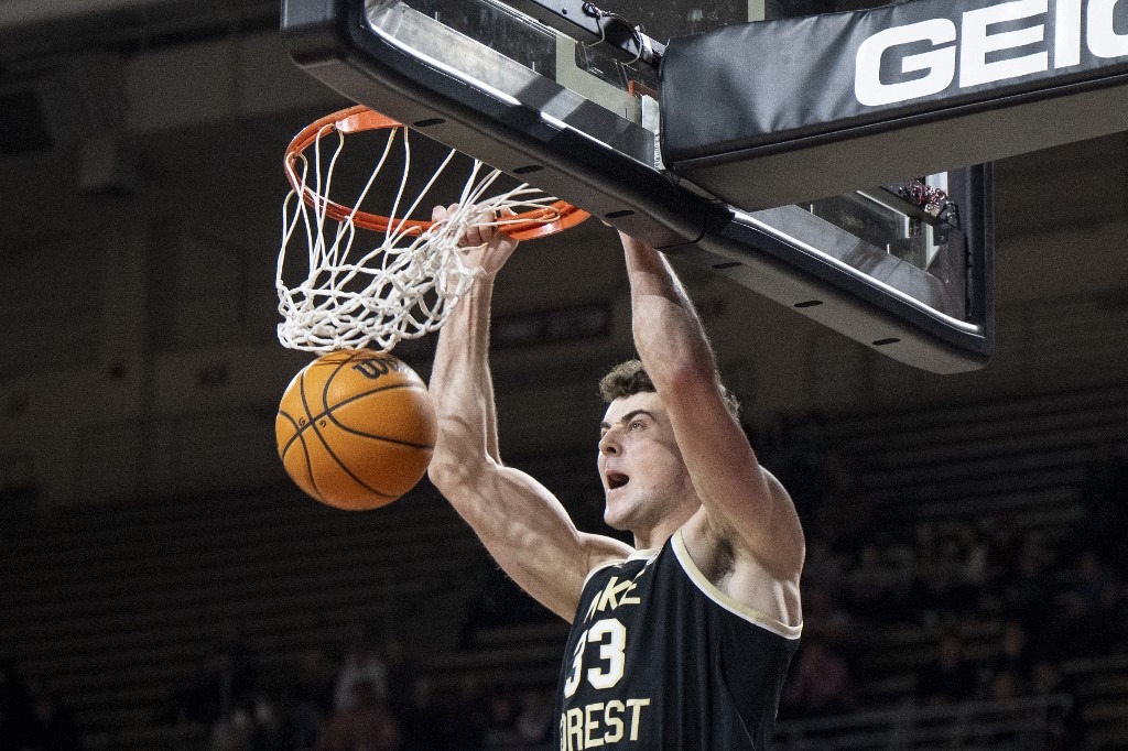 Matthew Marsh #33 of the Wake Forest Demon Deacons dunks the ball during the first half against the Boston College Eagles