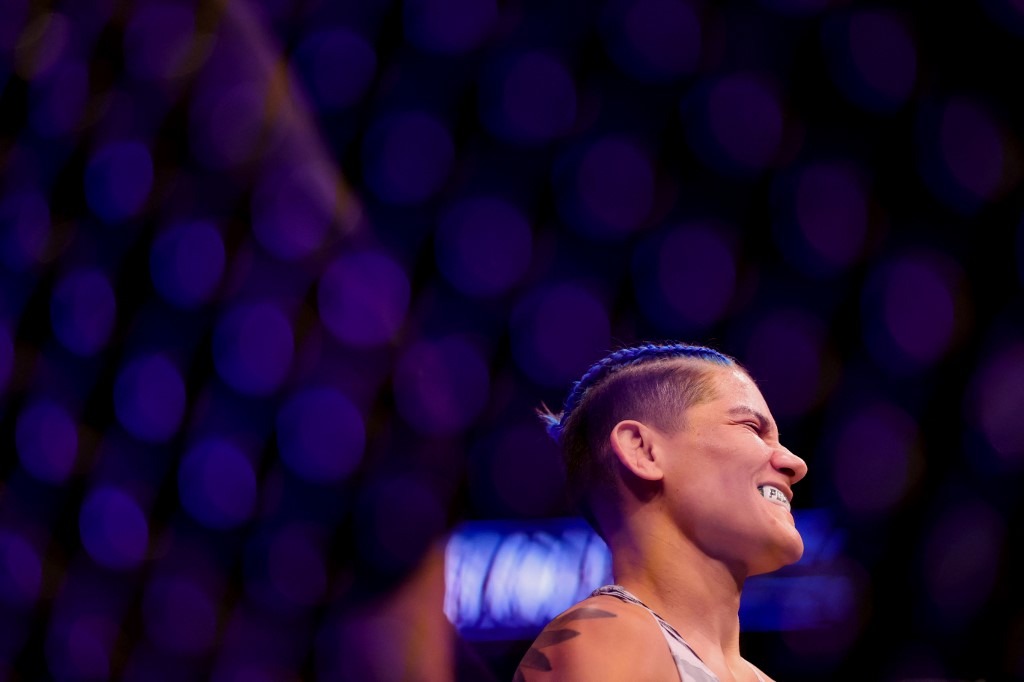 Priscila Cachoeira looks on while facing Gina Mazany during their Women's Flyweight bout of UFC 262