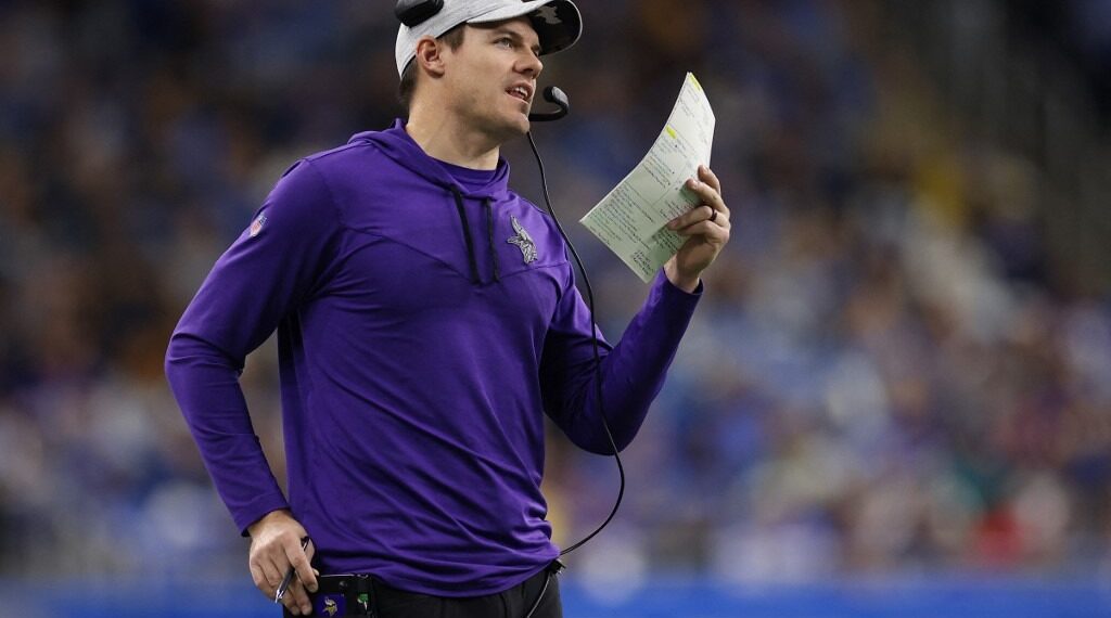 Head coach Kevin O'Connell of the Minnesota Vikings looks on during the second quarter of the game against the Detroit Lions