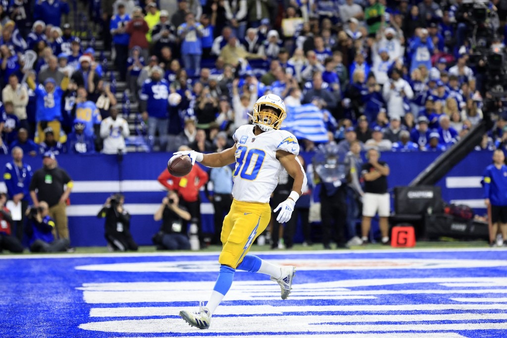 Austin Ekeler #30 of the Los Angeles Chargers celebrates after a touchdown against the Indianapolis Colts