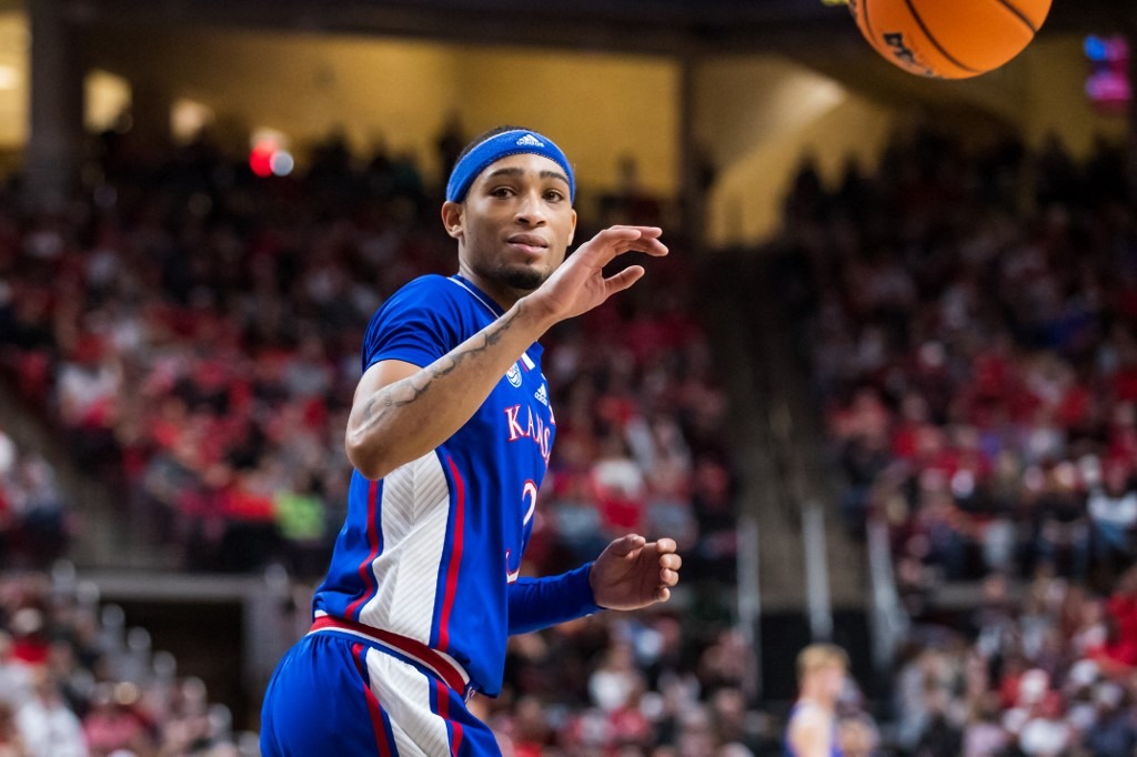 Guard Dajuan Harris Jr. #3 of the Kansas Jayhawks catches a pass during the first half against the Texas Tech Red Raiders
