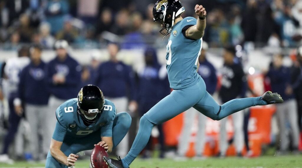 Riley Patterson #10 of the Jacksonville Jaguars kicks a field goal during the fourth quarter against the Tennessee Titans