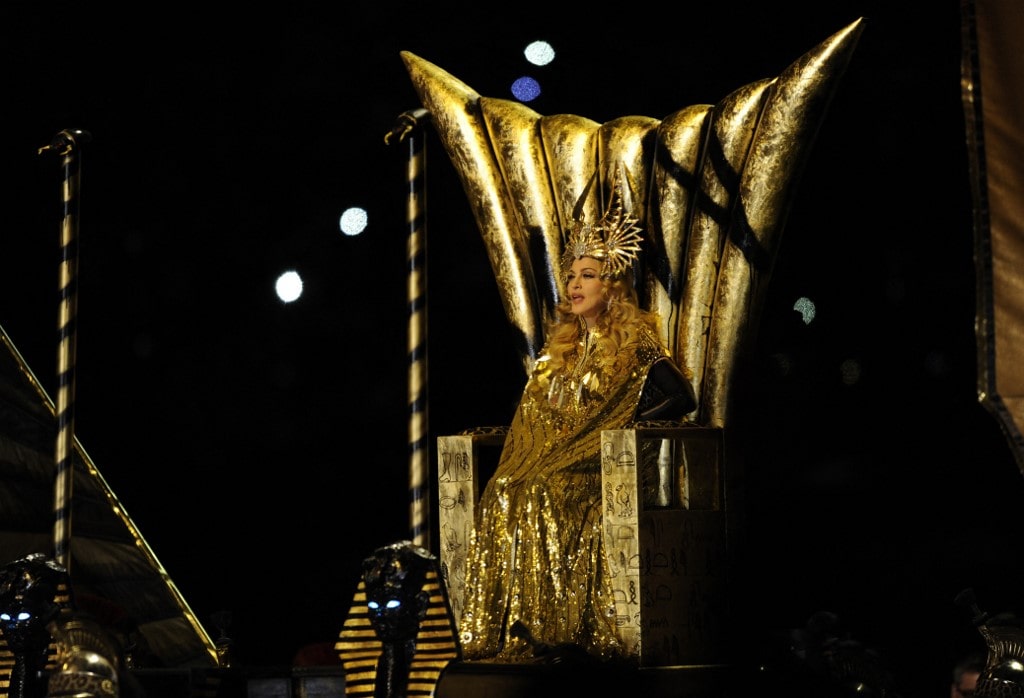 Madonna arrives in a golden throne for the Super Bowl XLVI half-time show 