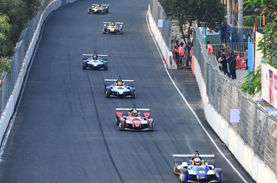 Indian Racing League (IRL) drivers ride a single seater cars during a first practice session for the track of e-formula at Hyderabad street circuit car racing.