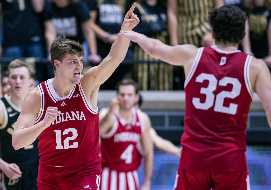 Miller Kopp #12 of the Indiana Hoosiers reacts during the second half against the Purdue Boilermakers at Mackey Arena on February 25, 2023